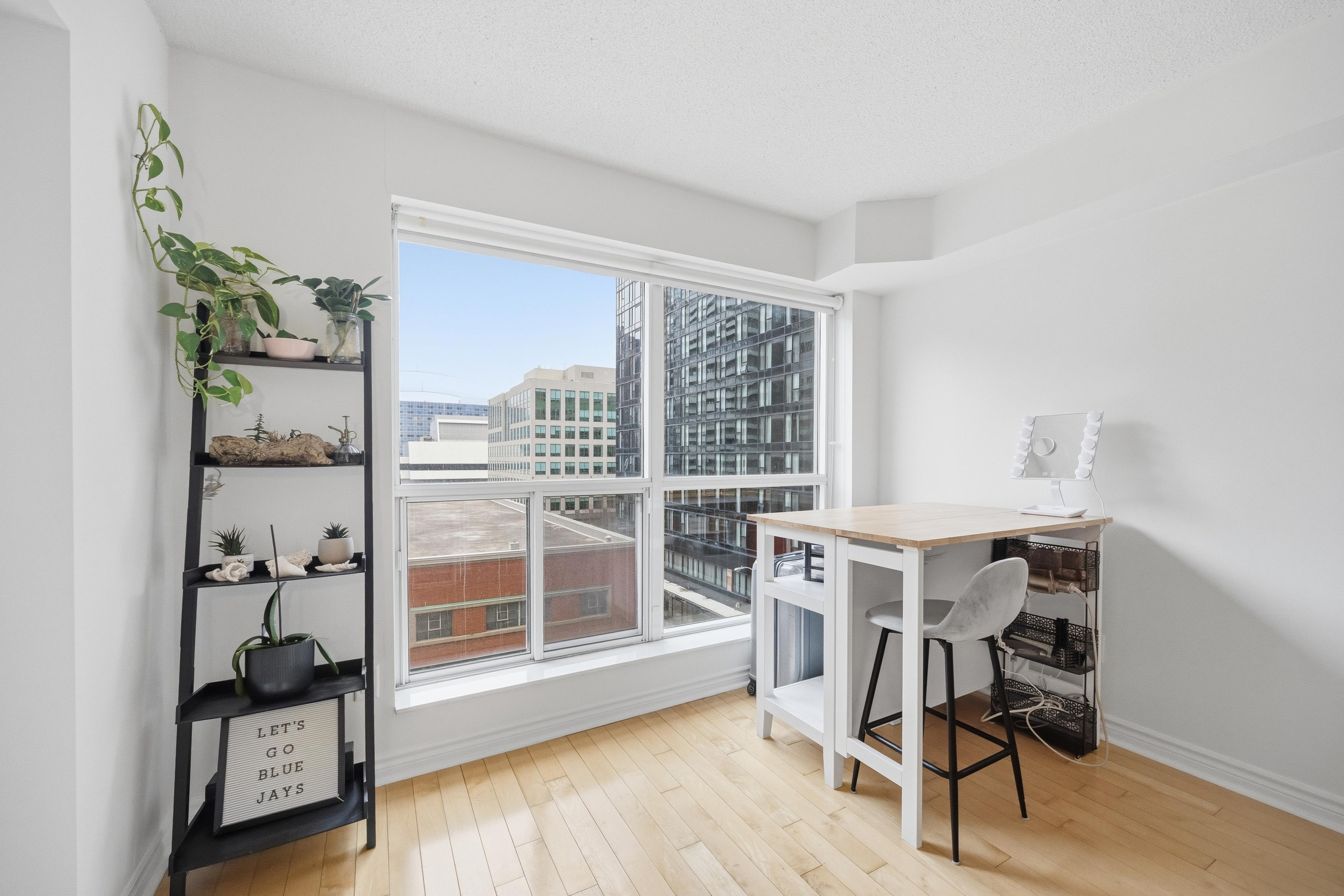 Dining area with south-facing window and open views