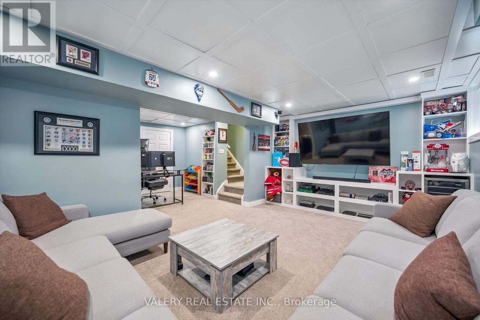 Basement rec room with built-in entertainment unit