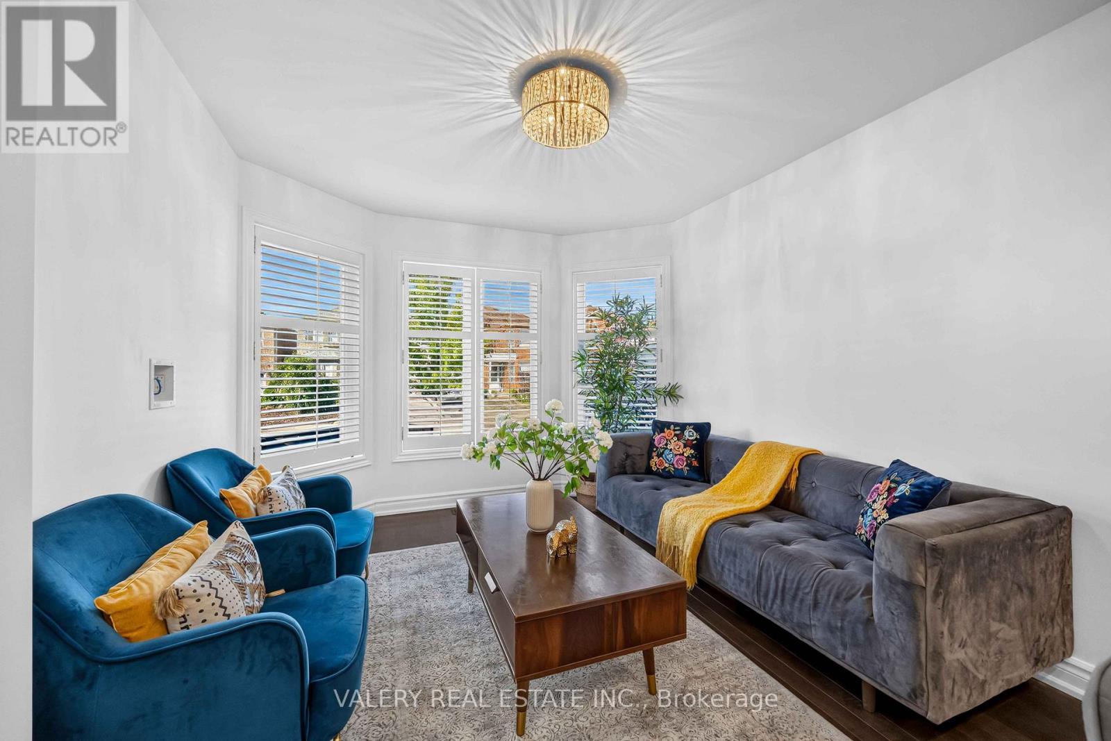 Bright living room with blue accent chairs