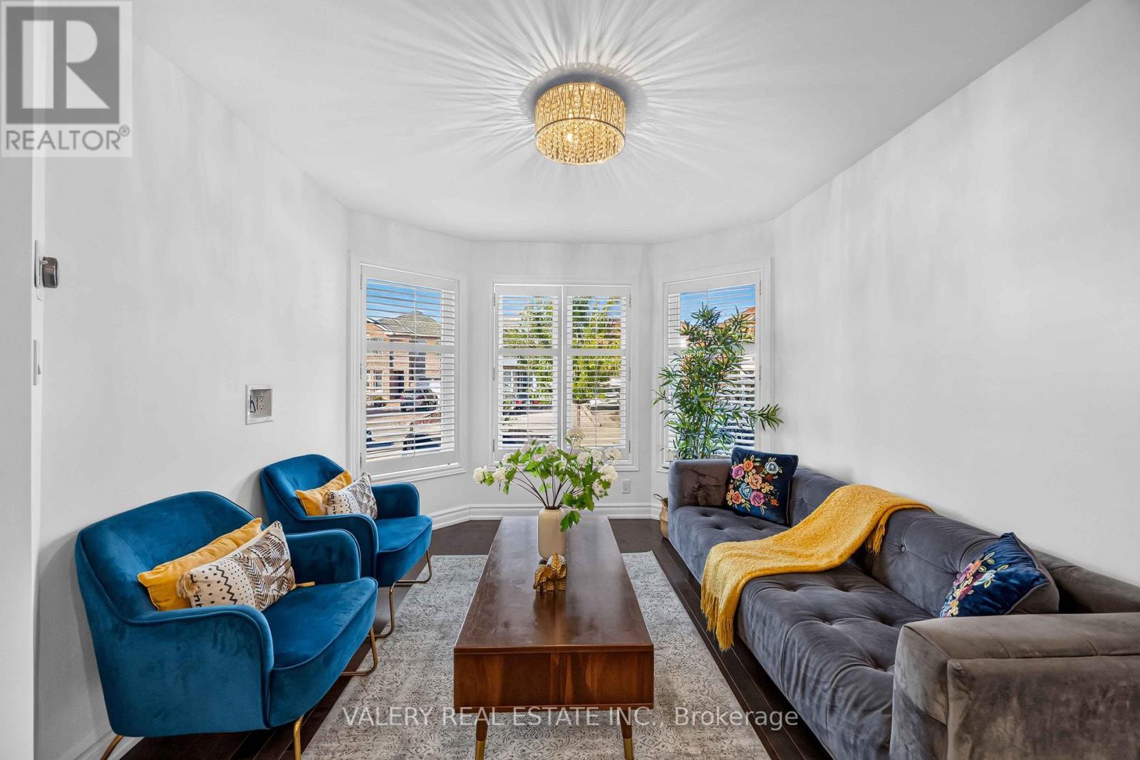 Living room with gray sofa and large window